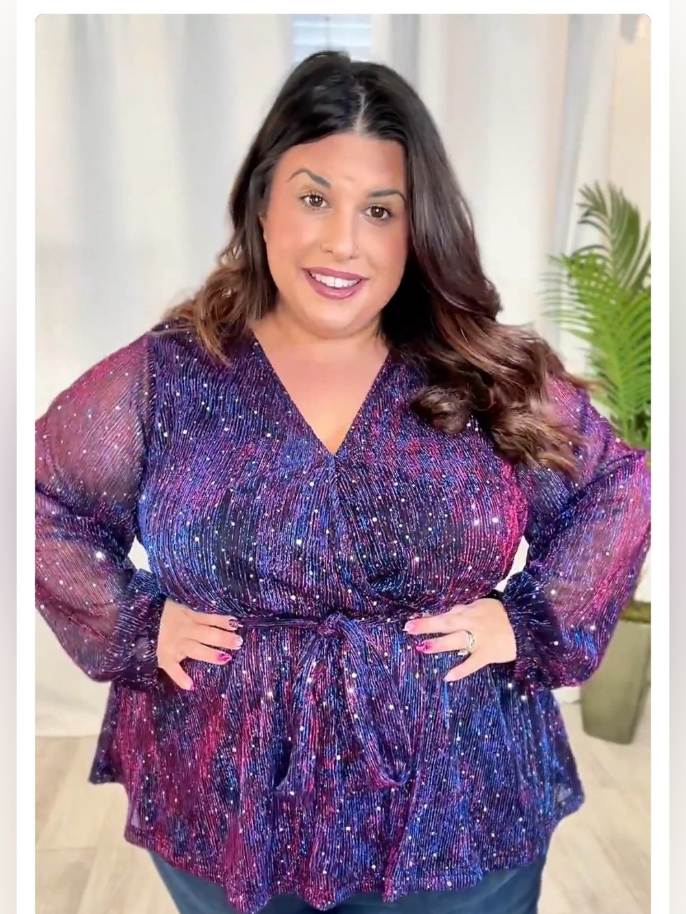 Plus Size Faux Wrap Tie-Waist Sparkle Blouse — Purple Pink Mix